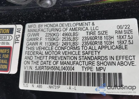 2022 Honda Cr-V Ex z USA, uszkodzony, nr VIN 5J6RT6H56NL040004